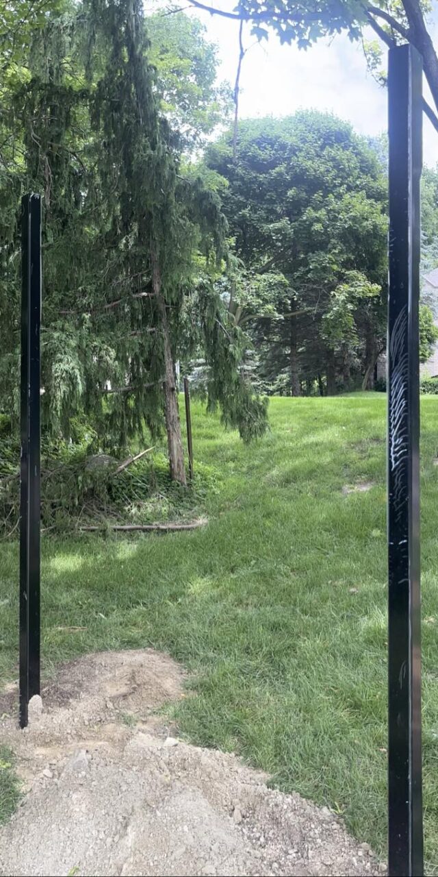 Black metal fence posts driven into ground along property line in residential yard